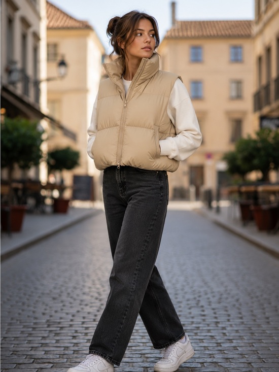 Denim - NWT Beige Oversized Puffer Vest High Neck Zip Up Quilted Sleeveless Jacket L